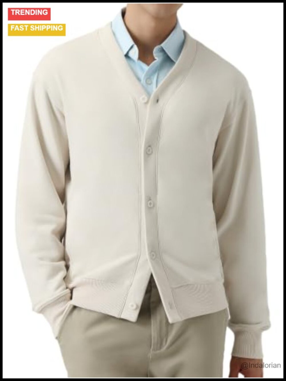 Cotton Blend French Terry Button Up Cardigan Mens V-Neck Long Sleeve